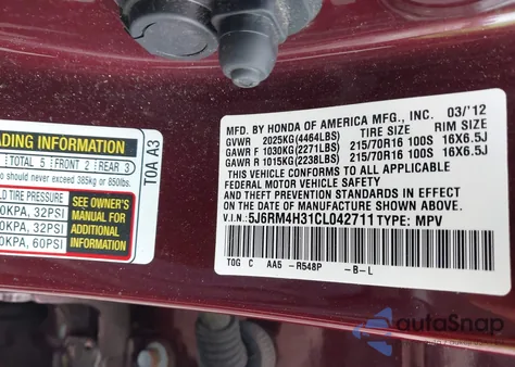 2012 Honda Cr-V Lx from USA, damaged, VIN 5J6RM4H31CL042711